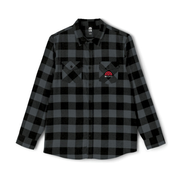 Gray and Black checked flannel with the BEGLASS logo