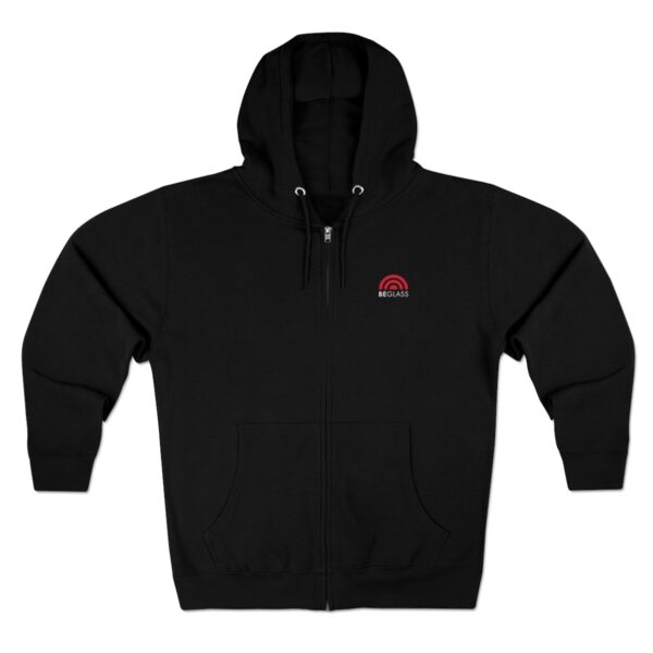 BEGLASS logo on black hooded sweatshirt